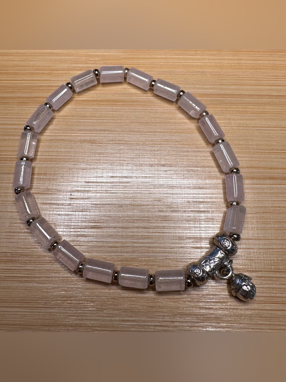 Delicate Rose Quartz Beaded Bracelet with Silver Charms stretch Bracelet sz7.5